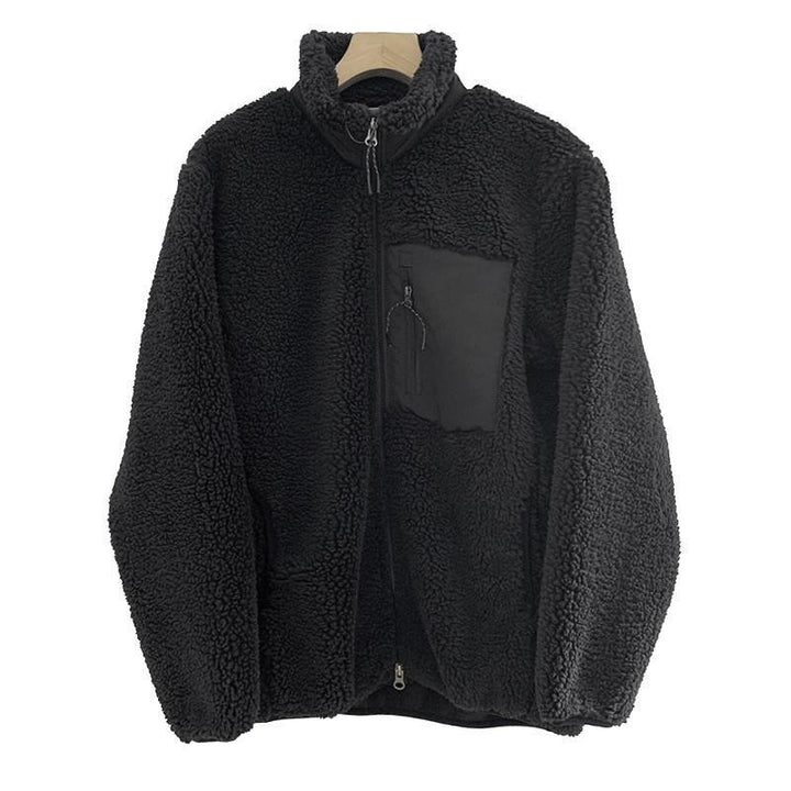Lamb fleece jacket with stand-up collar and pockets