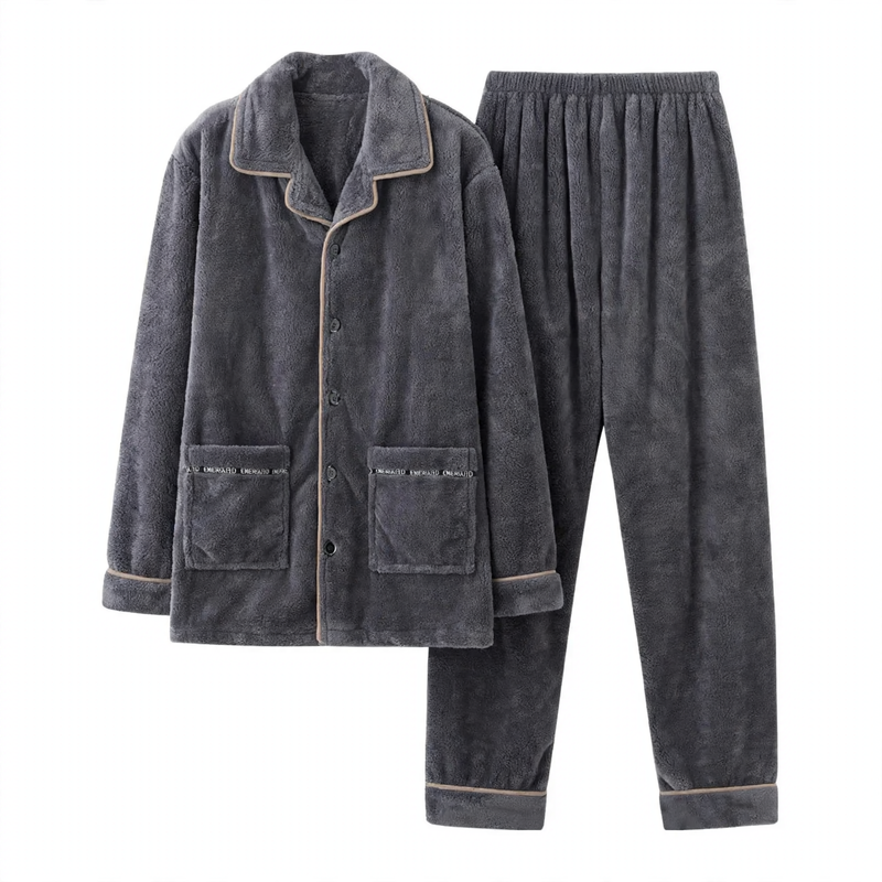 Men's Flannel Pajama Set, Embroidered, Simple