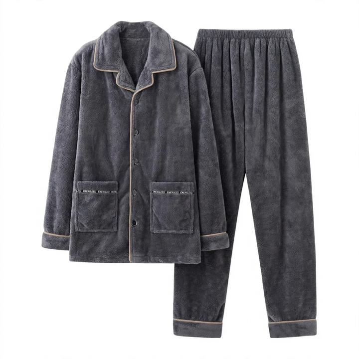 Men's Flannel Pajama Set, Embroidered, Simple