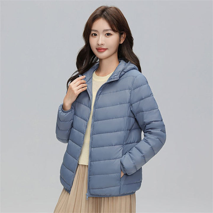 Women's down jacket, short, with hood, lightweight and warm