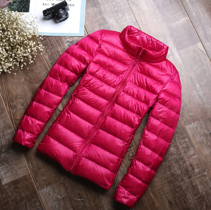 Short women's down jacket, white duck down lining, stand collar