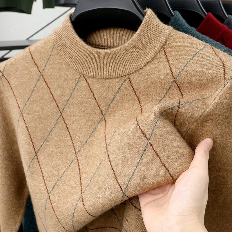 Men's wool sweater, checkered, stand collar, extra warm