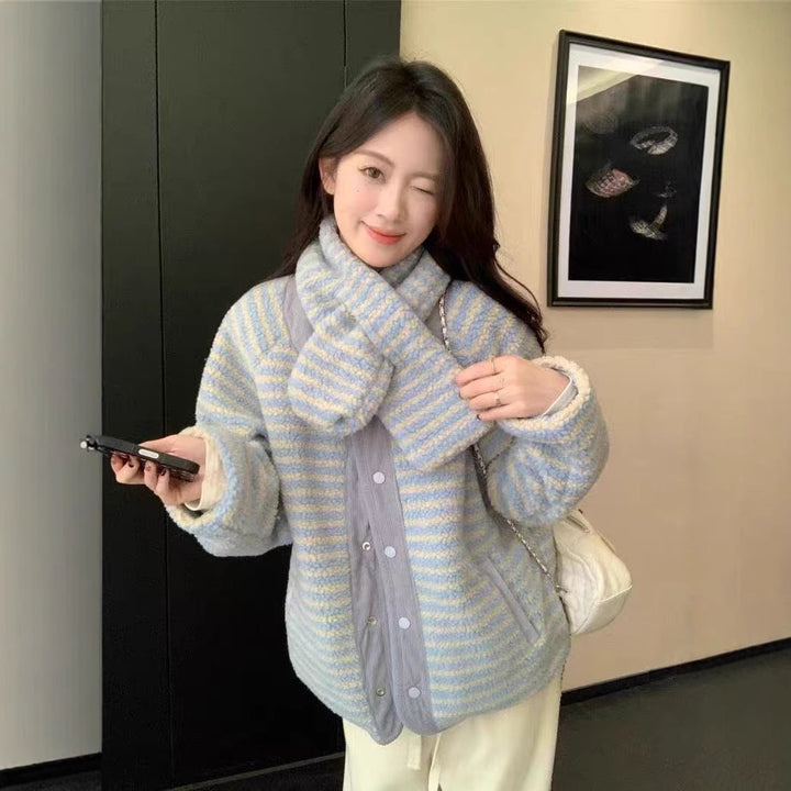 Reversible striped plush jacket, loose fit