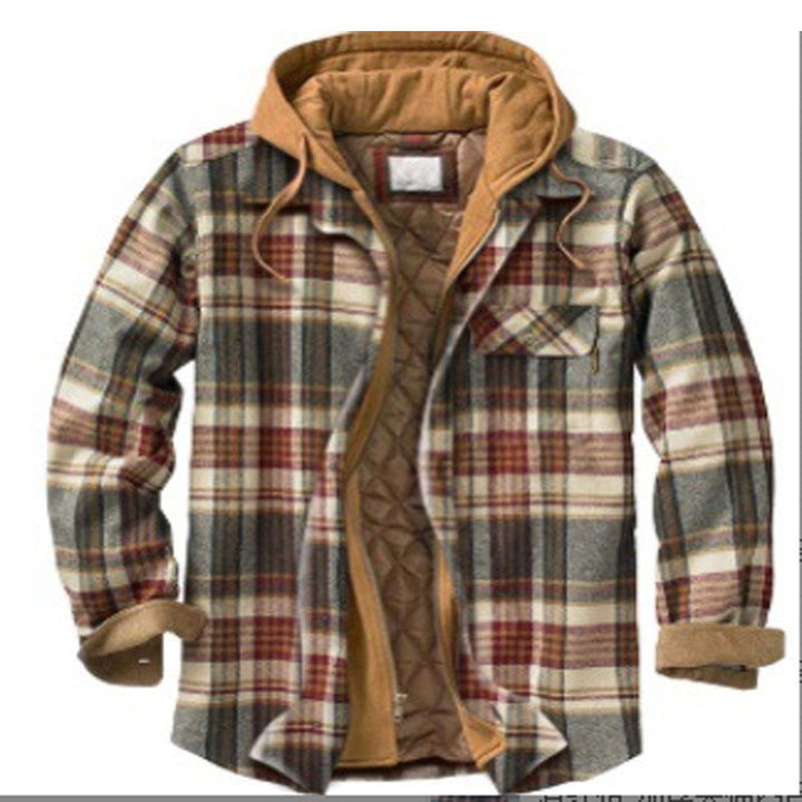 Men's shirt jacket, padded, checkered, with hood