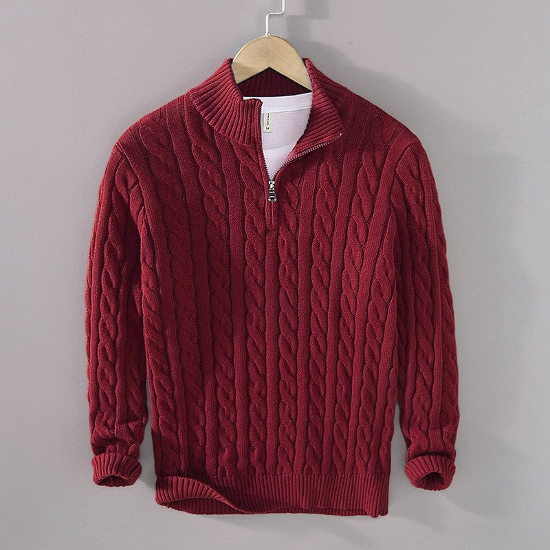 Men's knitted pullover with zipper and stand-up collar