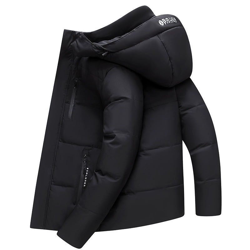 Short men's down jacket with detachable hood