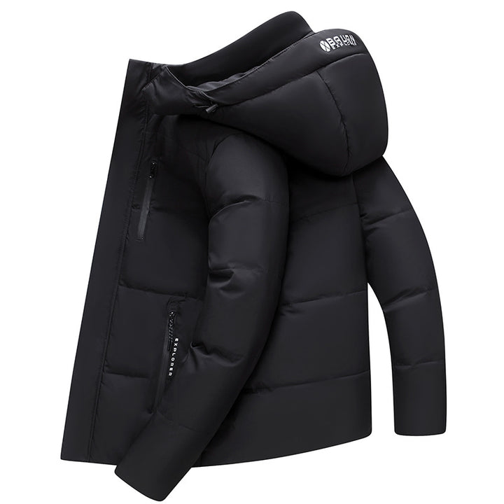 Short men's down jacket with detachable hood