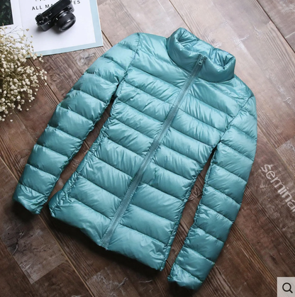 Short women's down jacket, white duck down lining, stand collar