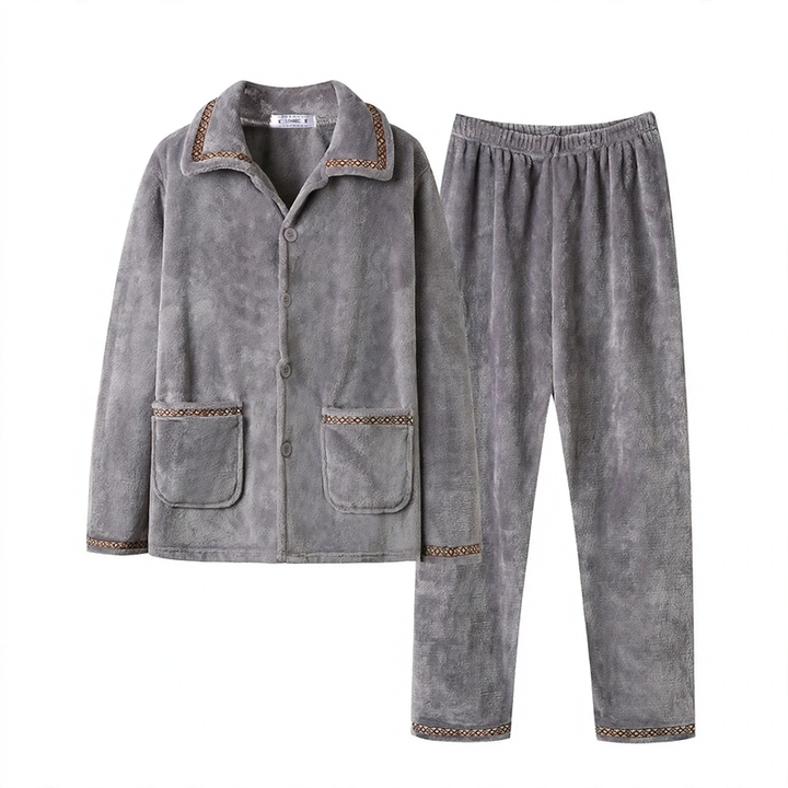 Men's Flannel Pajama Set, Embroidered, Simple