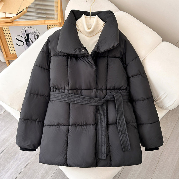 Mid-length women's winter jacket with waist belt