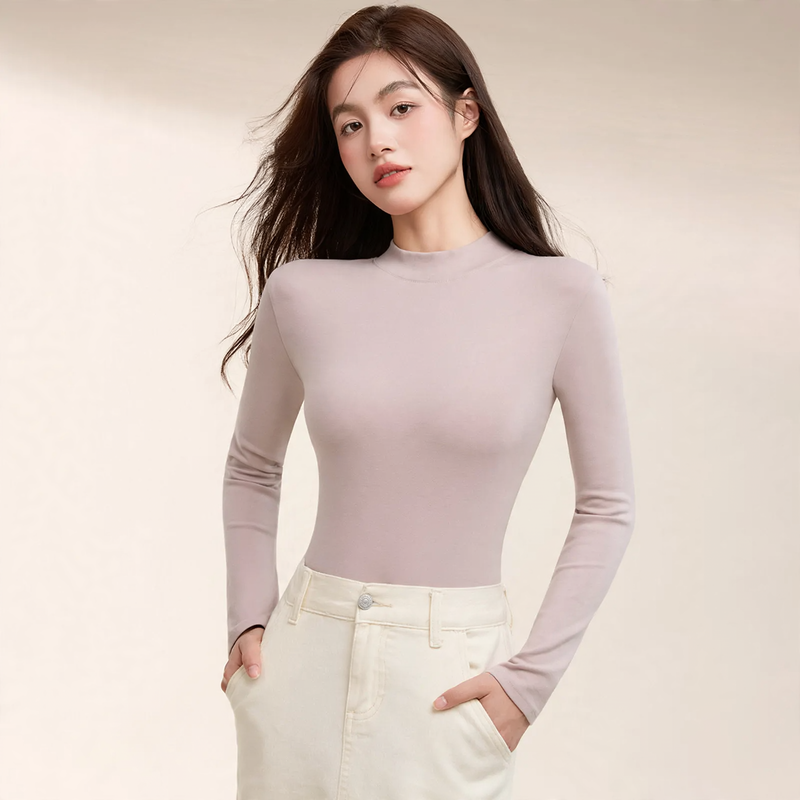 Women's long sleeve shirt made of cotton, stand-up collar, fitted