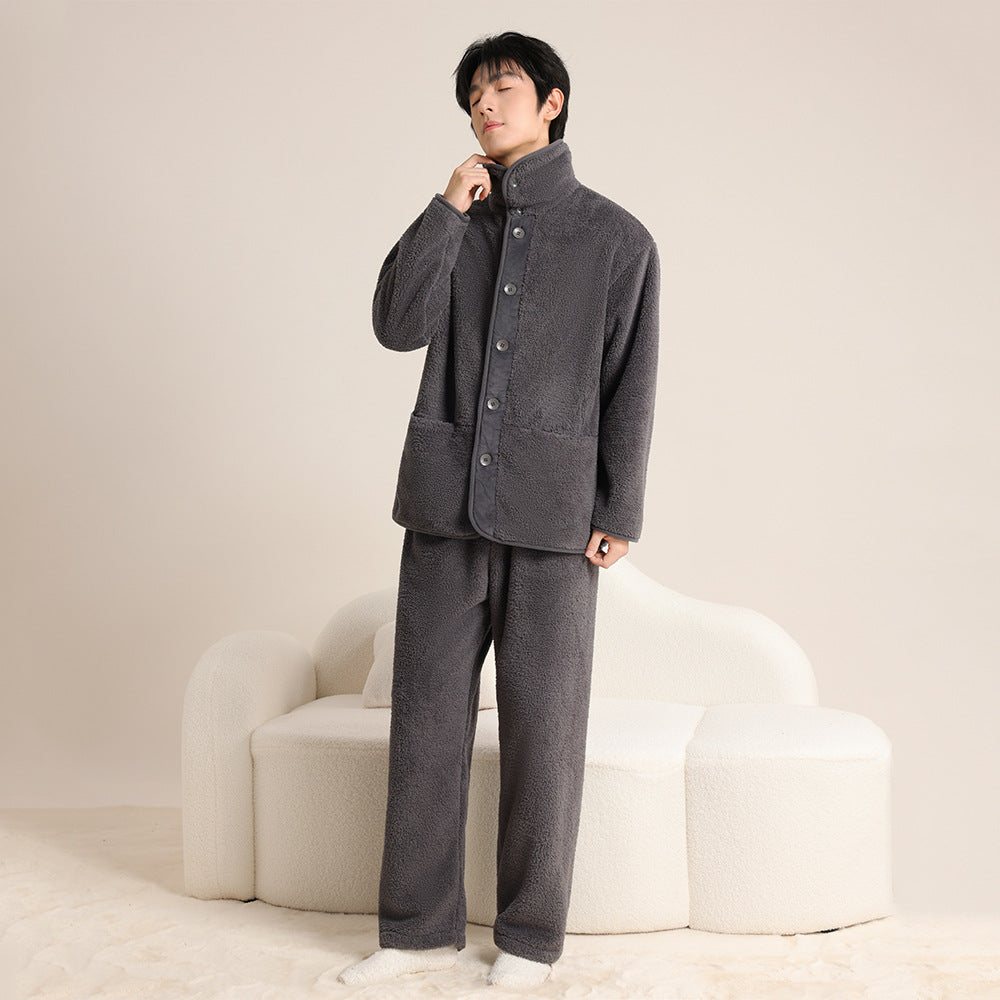 Warmer coral fleece pajama set with lapel for couples