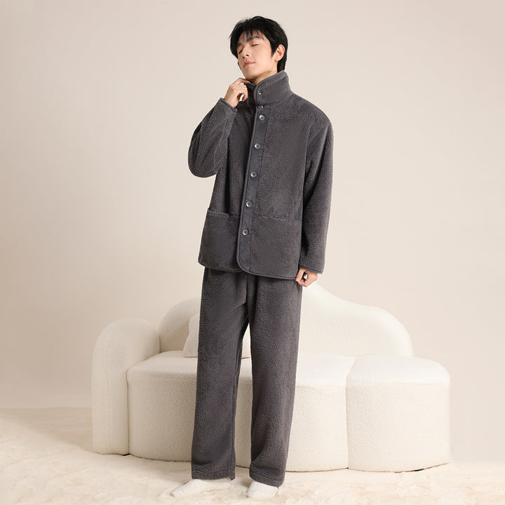 Warmer coral fleece pajama set with lapel for couples