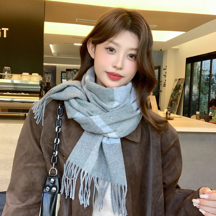 Wool scarf, checked or solid color, 170x32cm