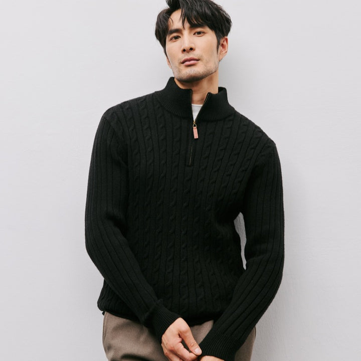Men's knit sweater with stand-up collar and zipper