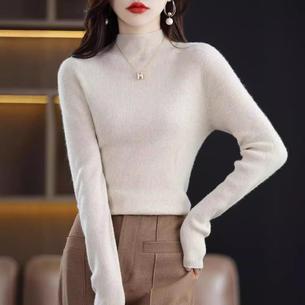 Ladies knit pullover with stand-up collar, seamless