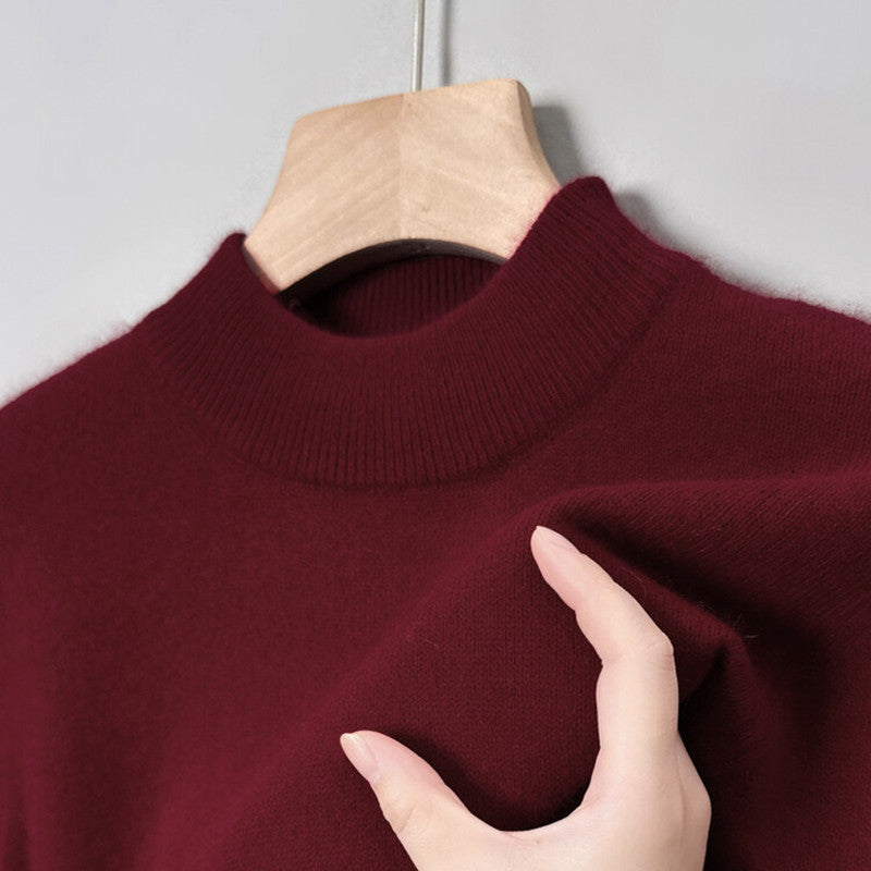 Men's wool pullover with stand-up collar, plain and warm