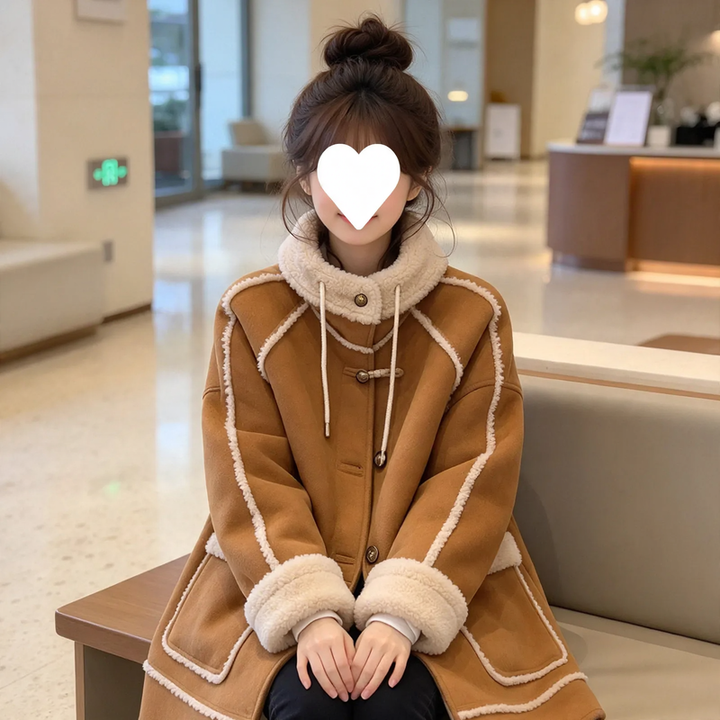 Women’s coat made of suede imitation with lamb fur lining