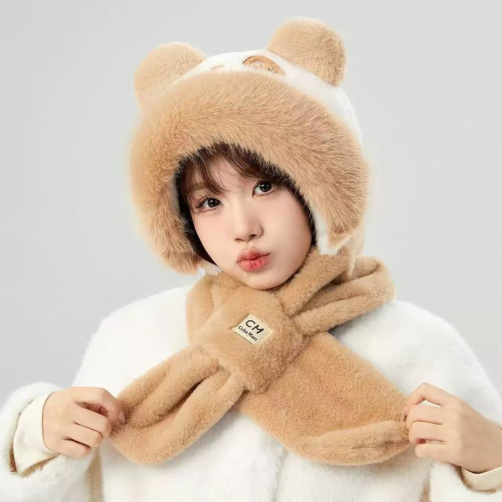 Plush hooded scarf with animal design, lined