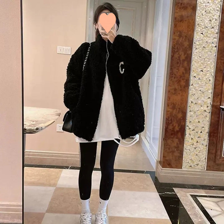 Women's baseball jacket made of lamb fleece imitation