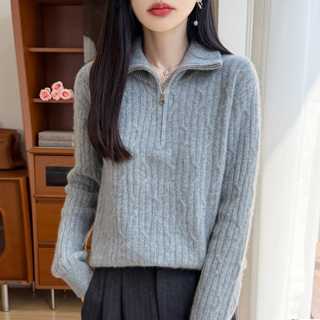 Women's wool pullover with zipper and cable pattern