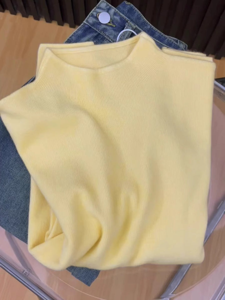 Women's knitted pullover with stand-up collar, versatile basic