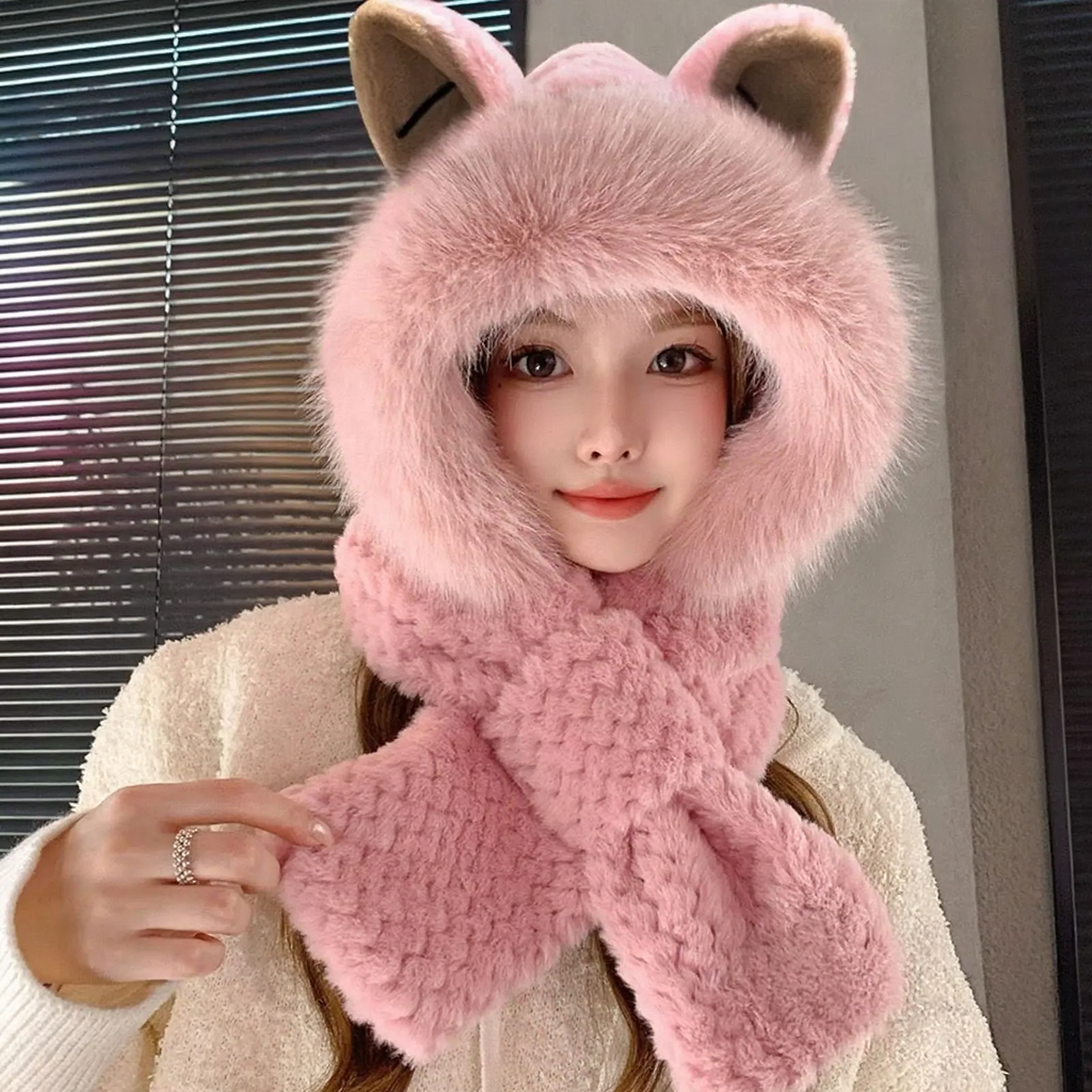 Plush hat with rabbit ears and scarf, women, winter