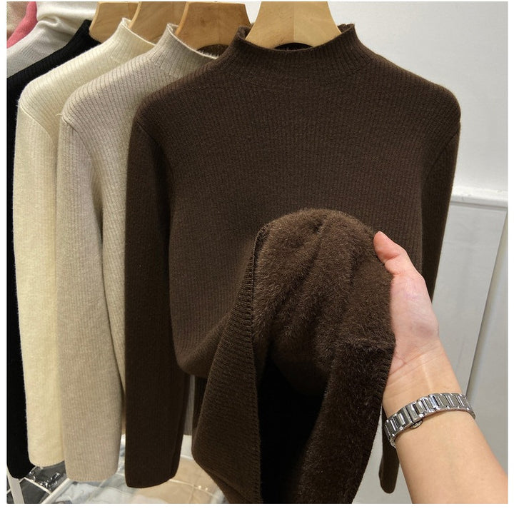 Ladies knitted sweater, lined, standing collar, warm