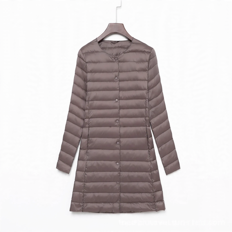 Light women's down jacket, mid-length, with button placket