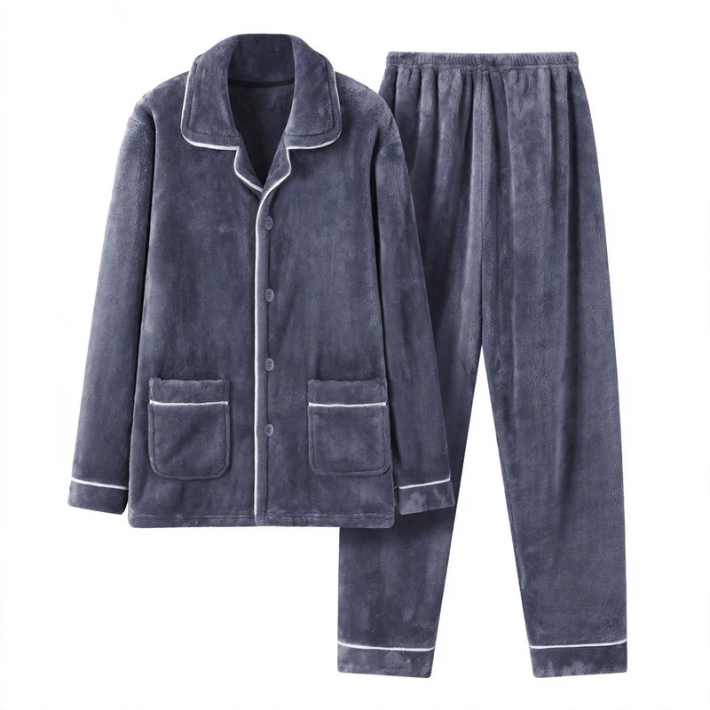 Men's Flannel Pajama Set, Embroidered, Simple