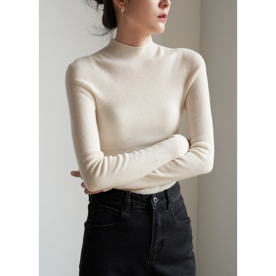 Women's wool knit sweater with stand-up collar