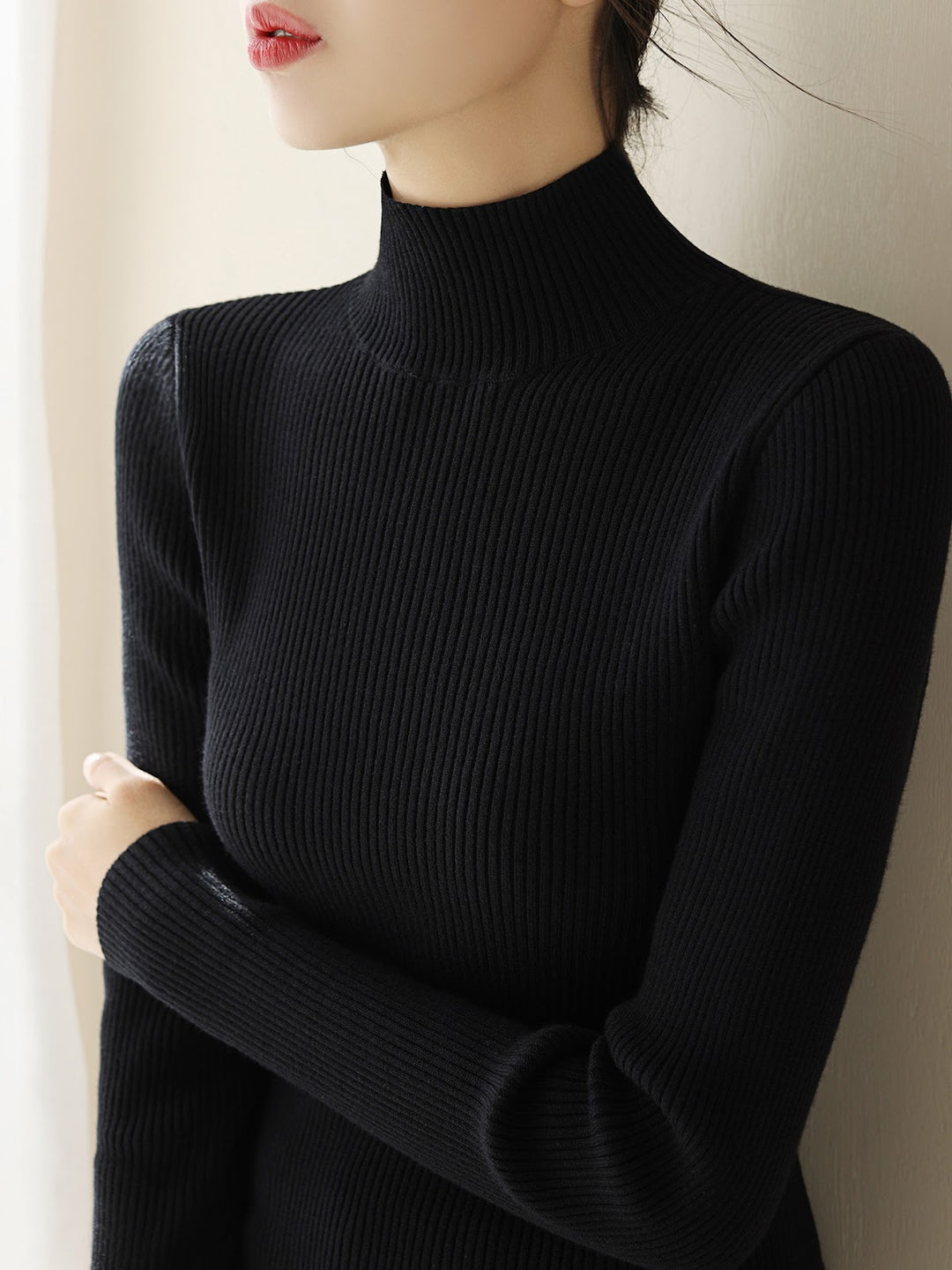 Women's wool knit pullover with half standing collar