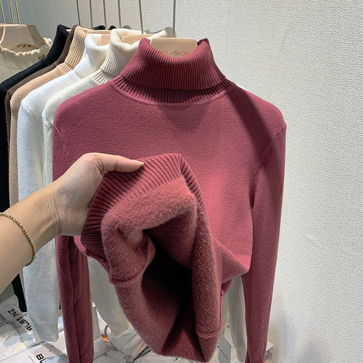 Padded women's turtleneck sweater, knitted, slim fit