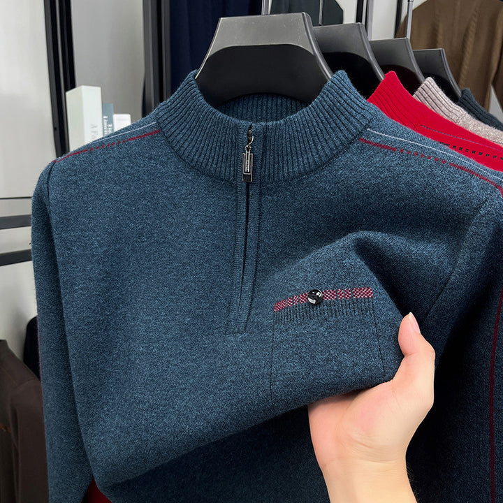 Men's knit sweater with stand-up collar and zipper