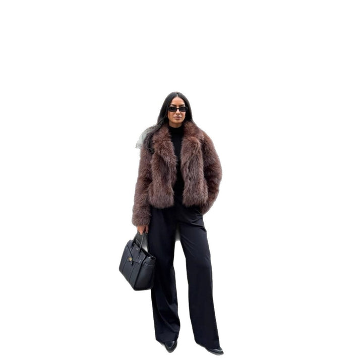 Fashionable women's faux fur coat in coffee brown