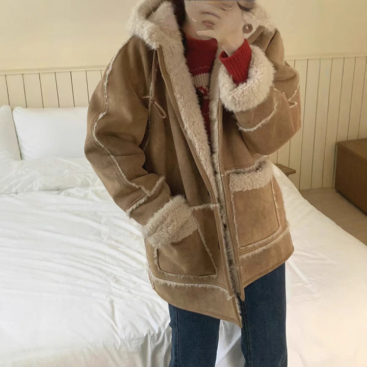 Women's faux lamb fur hooded jacket, casual