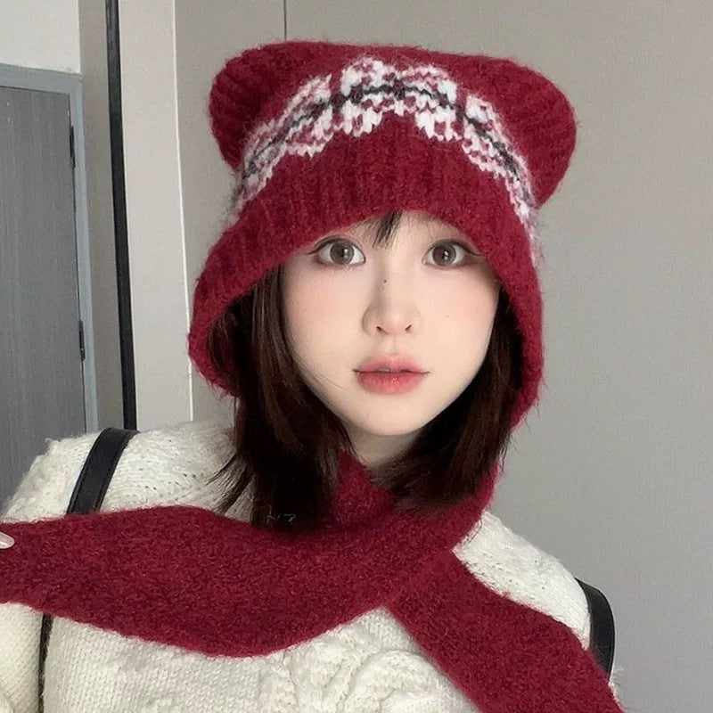 Knit cap with scarf, bear design, women, winter