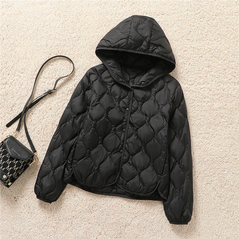 Light women's down jacket, short, with hood