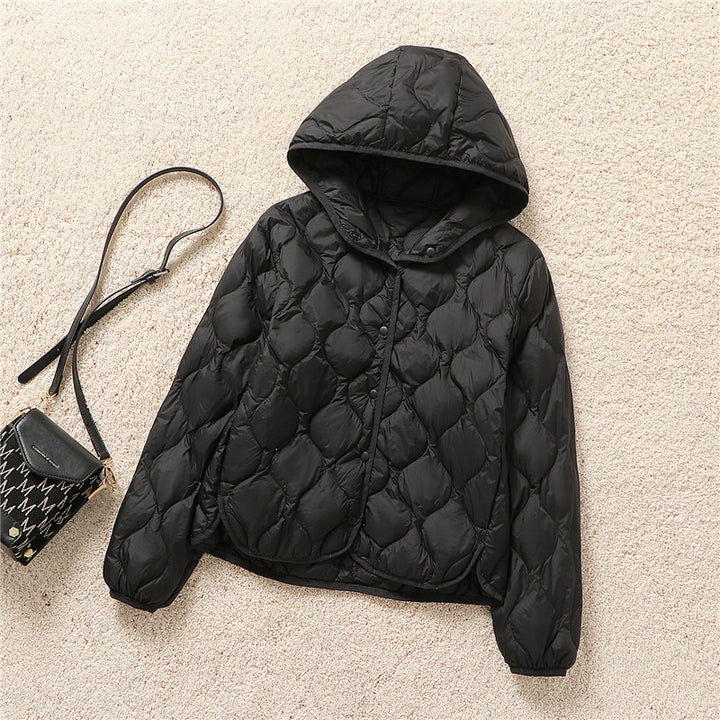 Light women's down jacket, short, with hood