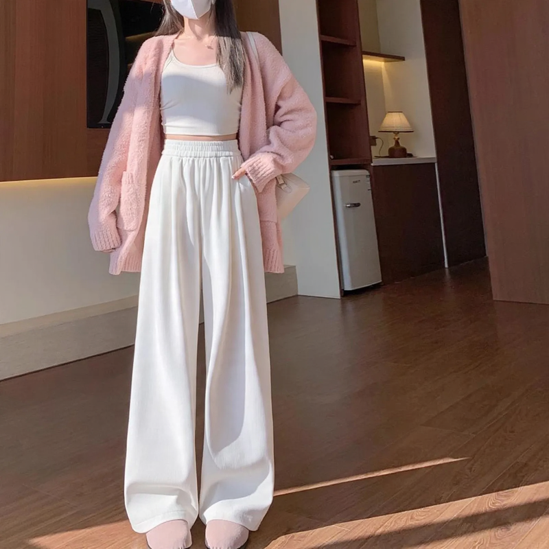 Padded corduroy knitted trousers with high waist