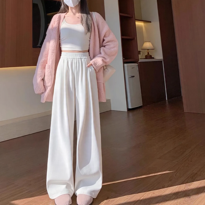 Padded corduroy knitted trousers with high waist