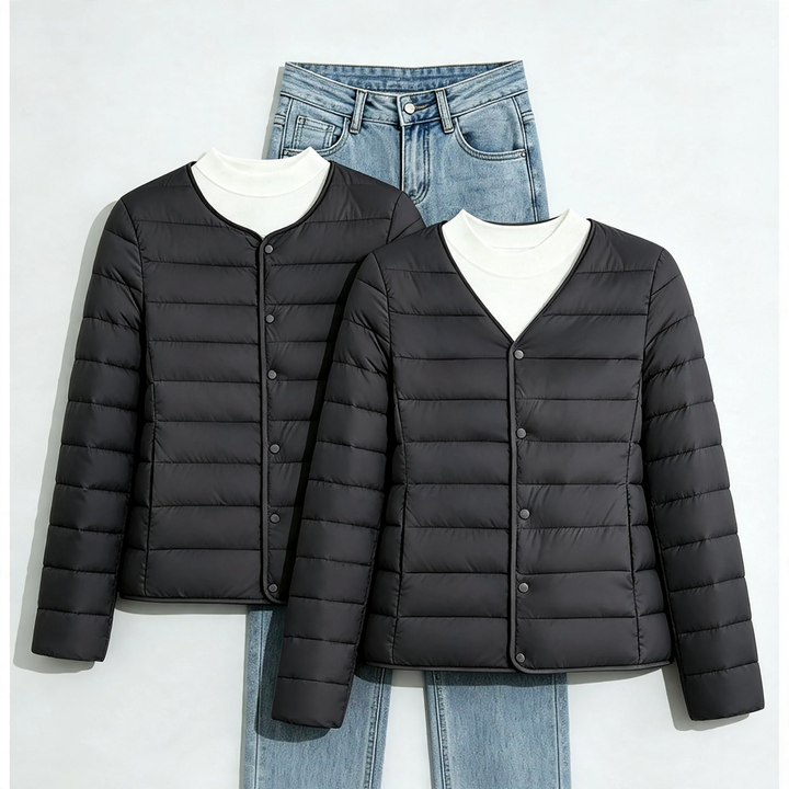 Lightweight, short women's padded jacket without collar