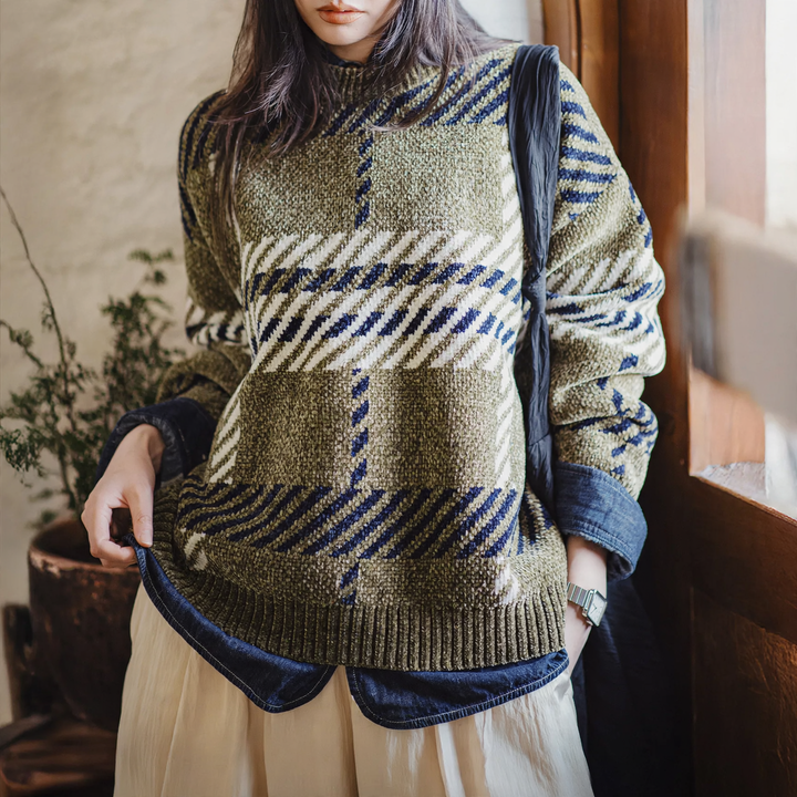 Women's knitted sweater, chenille, checkered, loose