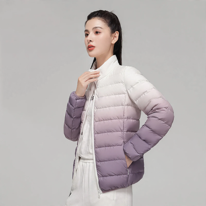Women's down jacket, short, with stand-up collar and gradient