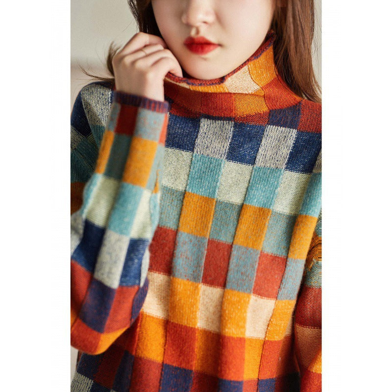 Women's knitted sweater, chessboard pattern, turtleneck