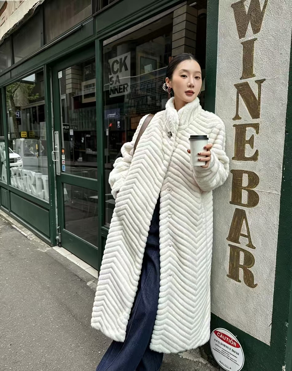 Women's coat in fur look with herringbone pattern