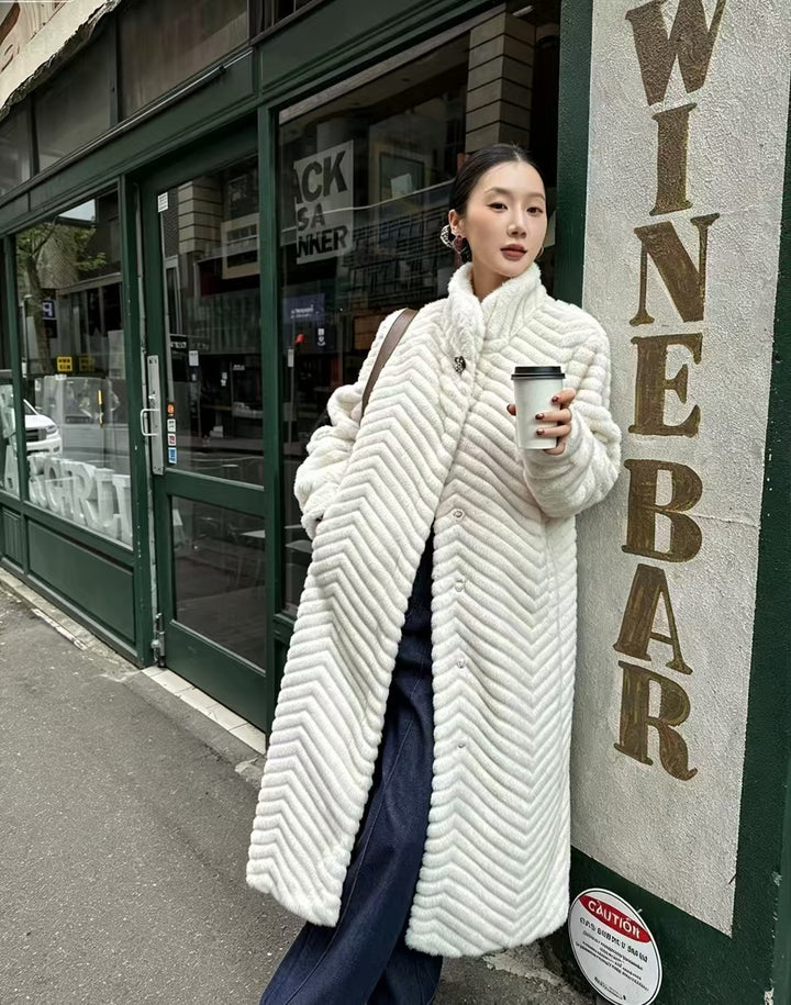 Women's coat in fur look with herringbone pattern
