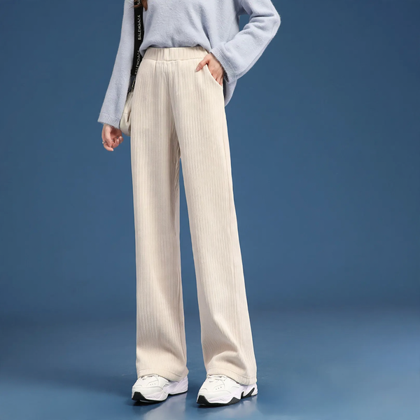 Fleece-lined cord wide pants for women, straight cut