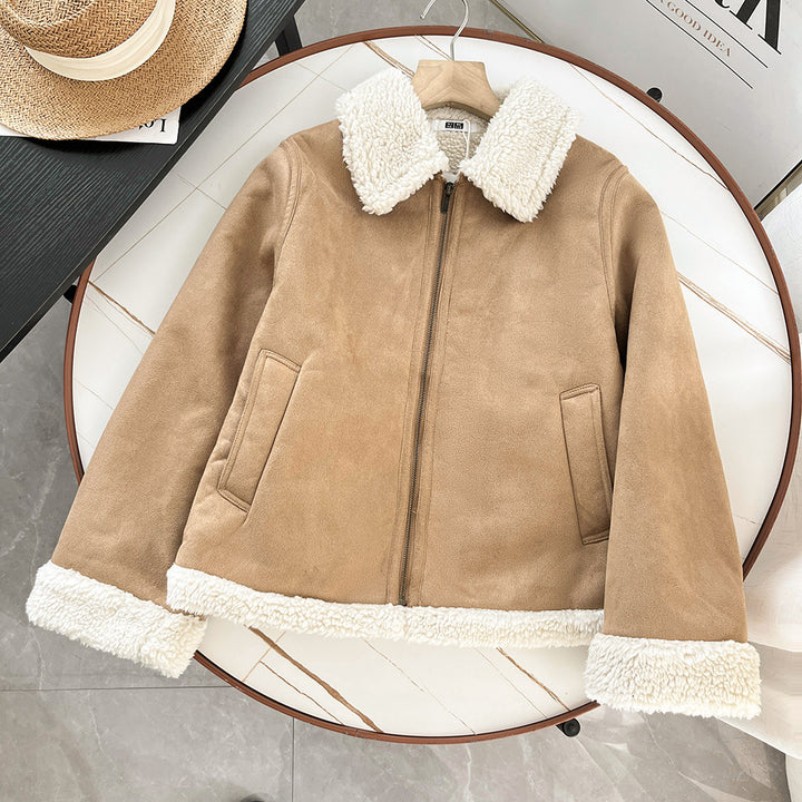 Women's suede imitation jacket with lambskin look and lapels