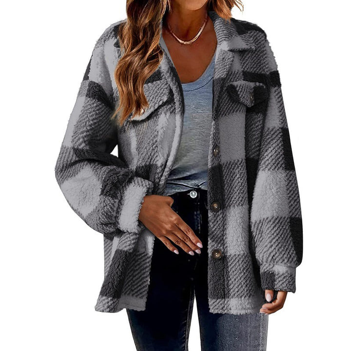 Checkered jacket made of lamb fleece imitation with pockets